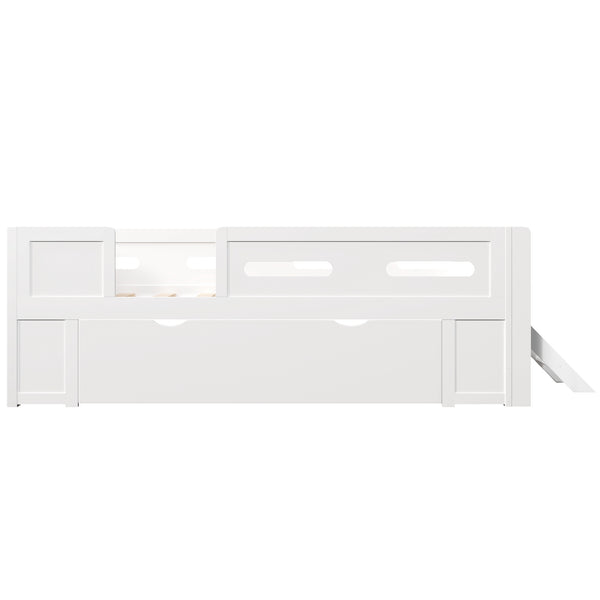 English Elm Wood Twin Platform Bed for Kids with Fence Guardrail and Under Storage Drawer White N709P385777K