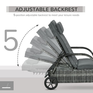 English Elm Outsunny Wicker Chaise Lounge Chair With Adjustable Backrest, Cushions & Wheels For Outdoor Comfort W2225P217676-GIGA