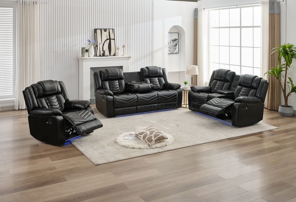 English Elm Ms 3 Piece Technical Leather Reclining Sofa Set with Led Lighting and Wireless Charging Black W1805S00164