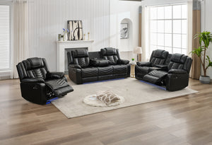 English Elm Ms 3 Piece Technical Leather Reclining Sofa Set with Led Lighting and Wireless Charging Black W1805S00164