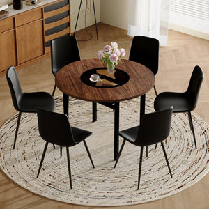 English Elm Table Set 42 Inch Round Wood Grain Glass Inlay with Six Tech-fabric Dining Chairs Brown+Black W1151S04482