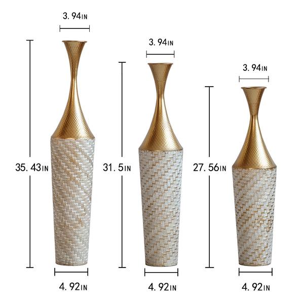 English Elm Floor Metal Vase Set - 3-Piece Modern Geometric Decor With Woven Texture & Glazed Finish,  Tall Accent W2796P255611