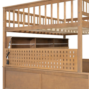 English Elm Full Xl Over Queen Bunk Bed Pinewood Frame with Led Lights Shelving Pegboard Brown LT000279AAP