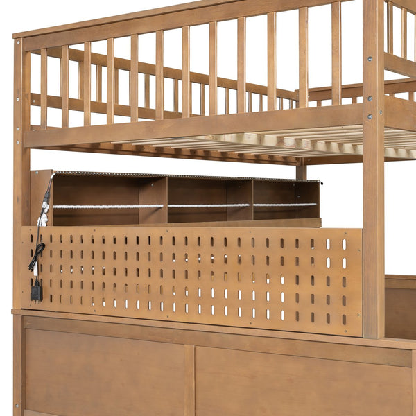 English Elm Full Xl Over Queen Bunk Bed Pinewood Frame with Led Lights Shelving Pegboard Brown LT000279AAP