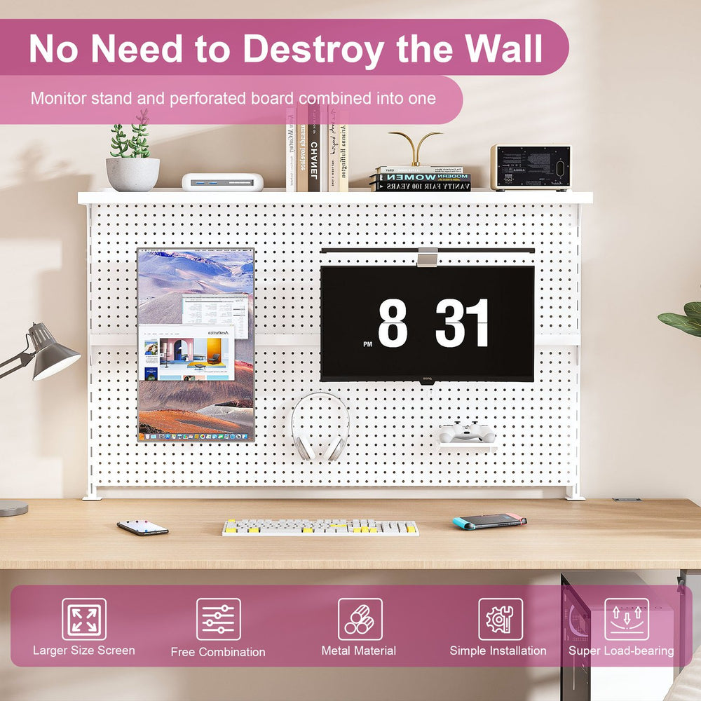 English Elm Metal Pegboard Workstation Organizer Dual Monitor Arms Powder Coated Steel Gaming Desk White W2700P346781