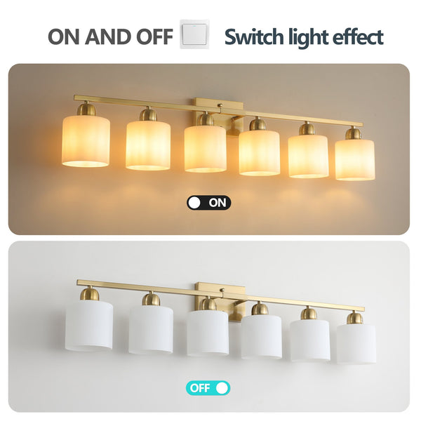 English Elm 6 Light Coppery Vanity Fixture 38" Brushed Gold Metal 6-Bulb Bath Sconce with Milky Shades, Dimmable W2312P374858