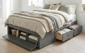 English Elm Queen Platform Storage Bed with Hydraulic Lift Footboard and Four Drawers Antique Finish Gray LP000139AAE
