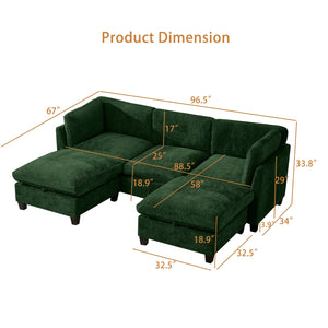 English Elm 96.5" L-shaped Chenille Sectional with Storage Ottoman Eucalyptus Frame Living Room Green W1097S00287