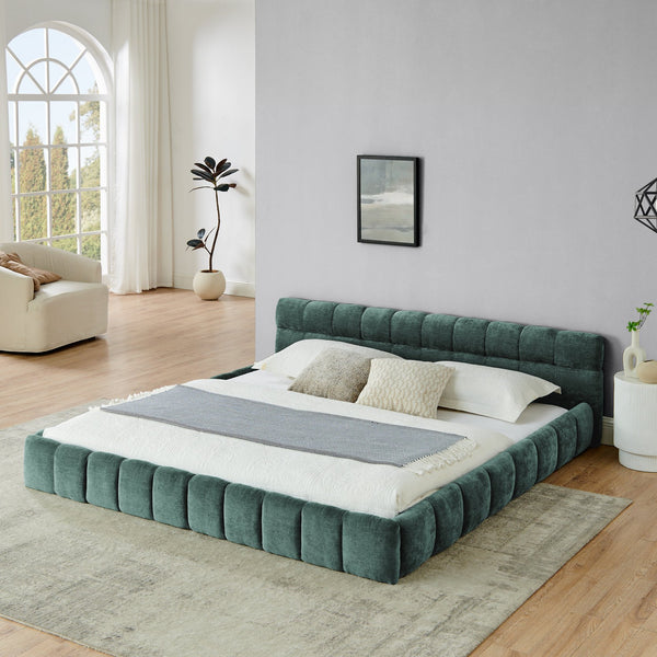 English Elm King Platform Bed Fully Upholstered in Plush Chenille with Low Profile Modern Frame Blue+Green W487S00466