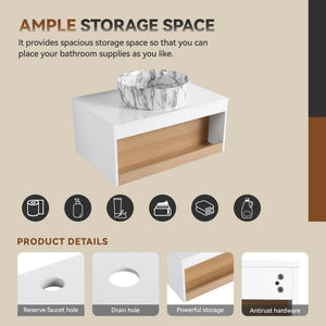 English Elm 30" Floating Wall Mount Bathroom Vanity Open Shelf Ceramic Vessel Sink Modern White Grey+White,White + Light Oak W3450S00059
