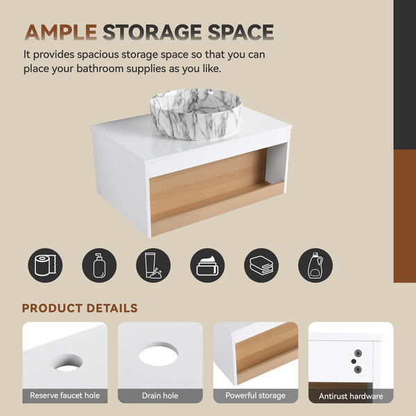 English Elm 30" Floating Wall Mount Bathroom Vanity Open Shelf Ceramic Vessel Sink Modern White Grey+White,White + Light Oak W3450S00059