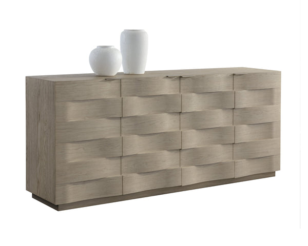 Sunpan Hoyos Sideboard - Elegant Light Wash Finish with Curved Panels & Warm Brass Handles for Modern Spaces