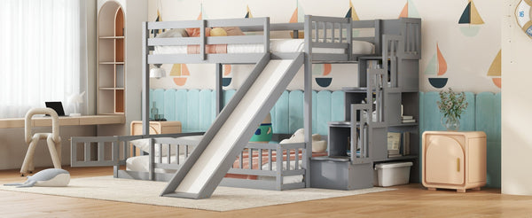 English Elm Twin Over Full Bunk Bed With Slide, Storage Staircase & Safety Guardrails - Grey Pine Design Fun! W504S00184-GIGA