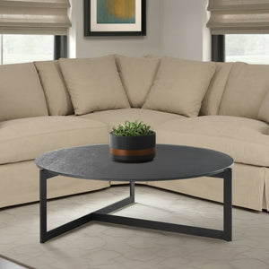 English Elm Krike Industrial Round Coffee Table Tempered Glass Top Steel Cross Leg Living Room Gray B2736S00025