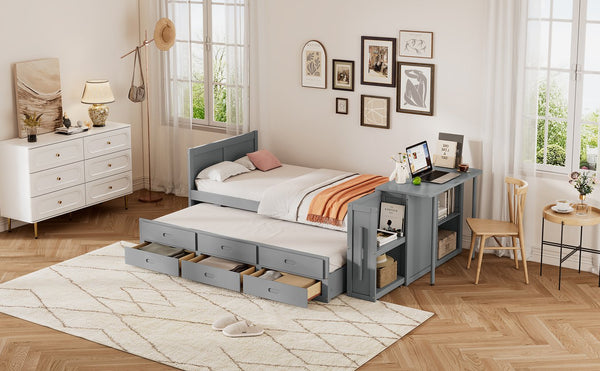 English Elm Twin Multifunctional Wood Platform Bed with Built-In Desk, Trundle & 3 Drawers for Small Spaces Gray 44.3 L x 23.1 W x 9 H N733S212832E
