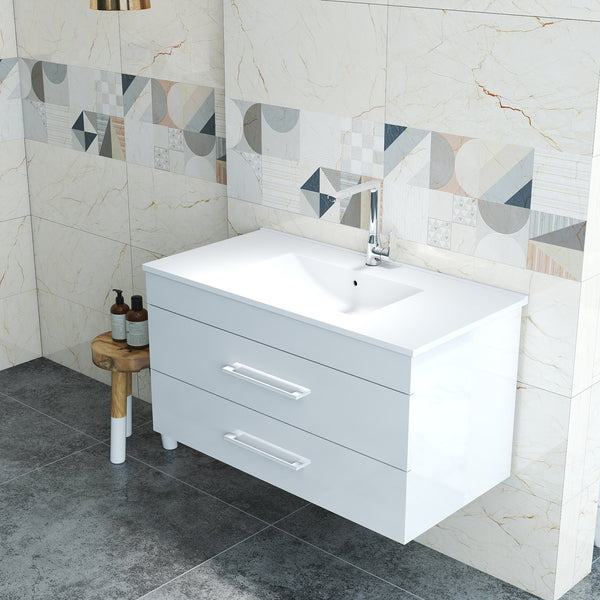 English Elm 36-Inch Modern Wall-Mounted Bathroom Vanity With Soft-Close Drawers & Glossy White Ceramic Sink W3151S00050