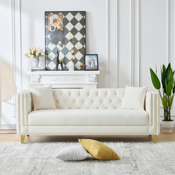 English Elm 80"Chesterfield Velvet Sofa with Tufted Buttons & Nailhead Trim, Deep-Seated 3-Seater, Solid Wood Frame Beige W3373S00026