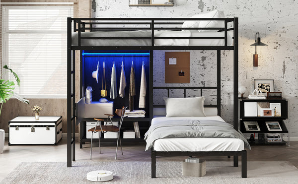 English Elm Full Xl Over Twin Metal Bunk Bed With Foldable Desk, Led Closet & Noise Reduction - Space Saver! W1580S00113
