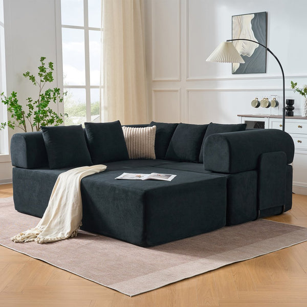 English Elm 106" Modular Sectional Sofa with Deep Seat Velvet Upholstery, Boneless L Shaped Chaise, 5 Pillows, No Assembly Required Black W3163S00043