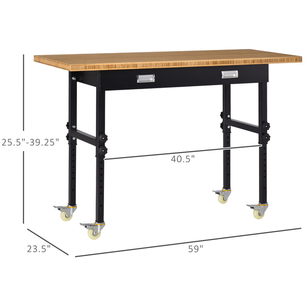 English Elm HOMCOM 59" Work Bench with Bamboo Top, Height Adjustable 10-Setting Mobile Workstation 1320lb W2225P217940