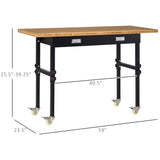 English Elm Homcom 59" Work Bench With Drawer, Height Adjustable Legs, Bamboo Tabletop Workstation Tool Table On Wheels For Garage, Weight Capacity 1320 Lbs, Black/Natural