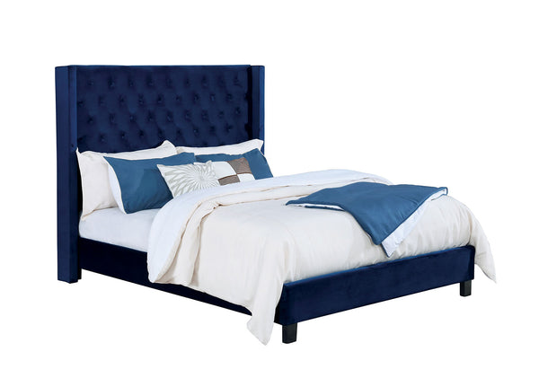 English Elm Modern Wingback Eastern King Bed Velvet Upholstered Tufted Headboard Bedroom Frame Navy B2741S00849