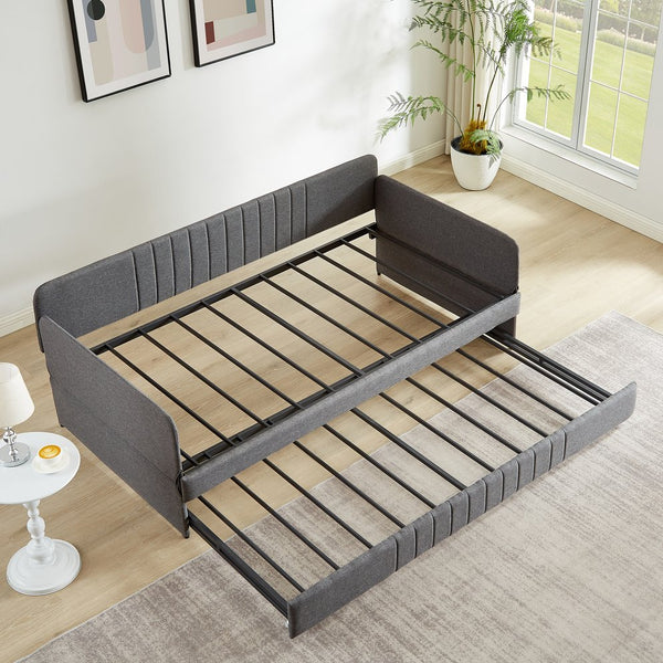 English Elm Daybed, Grey Metal Framed Sofa Bed with Twin Trundle, Durable Iron Frame, 6"-8" Mattress Fit, 78.4" W1162P214581