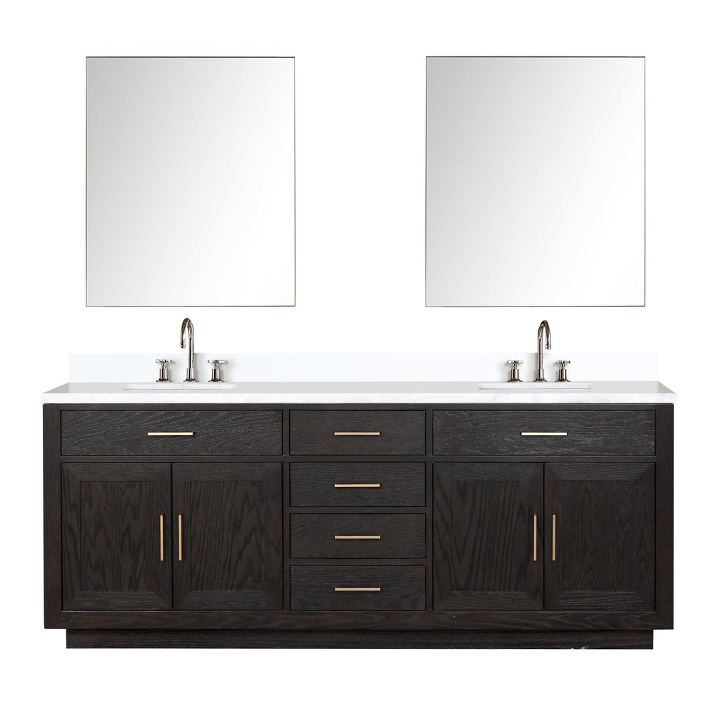 English Elm Black Oak Double Bath Vanity Set With White Quartz Top, 36" Mirrors, Chrome Faucets & Ample Storage B2731S02182