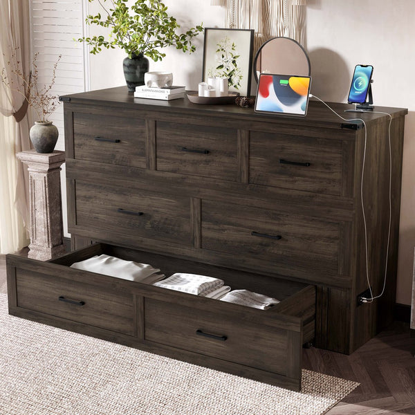 English Elm Murphy Full-Size Cabinet Bed with Built-In Charging Station, Storage Drawer & 700lb Capacity Comfort Gray 57.25 L x 27 W x 6 H N733S293997G
