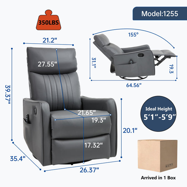 English Elm Blue Fabric Swivel Rocker Recliner with Massage Heat Nodes for Living Room Comfort Grayish Green W1803P321819