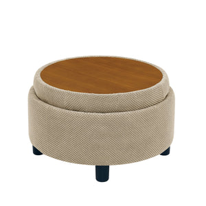 English Elm 25 Inch Round Fabric Pouf Ottoman with Removable Wooden Lid and Hidden Interior Storage Camel W5568P461369