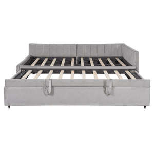 English Elm Full L-Shaped Upholstered Daybed with Twin Pop-Up Trundle, Vertical Stripe Design, Cozy Lounge Style (98) Gray SF000191AAE