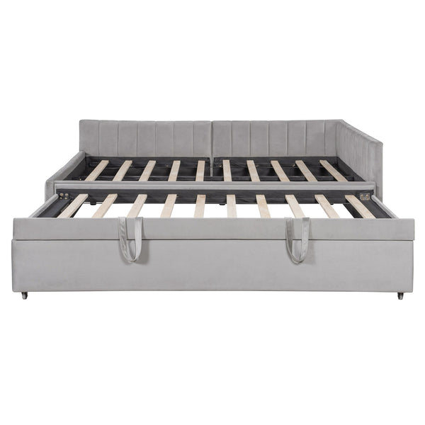 English Elm Full L-Shaped Upholstered Daybed with Twin Pop-Up Trundle, Vertical Stripe Design, Cozy Lounge Style (98) Gray SF000191AAE