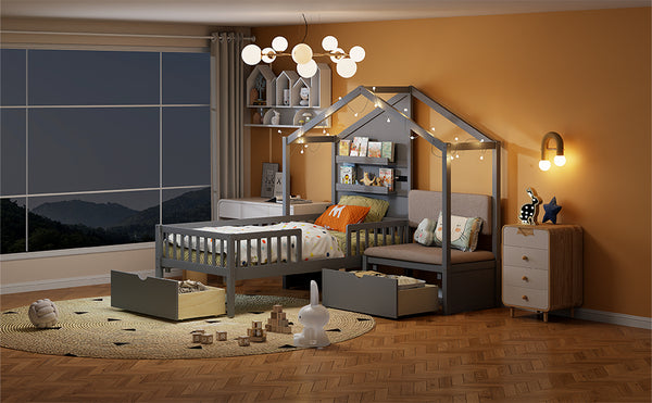 English Elm Twin House Bed Frame with Sofa Seating Led Lighting Drawers and Wireless Charging LP000521AAE-1