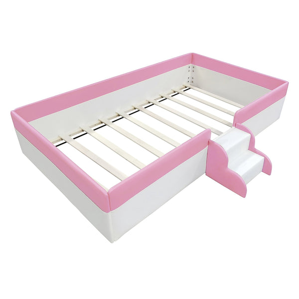 English Elm Twin Upholstered Daybed Frame with Fence & Stairs in Pink+White, PU Comfort, 10 Slats, 300lb Capacity SF000153AAH