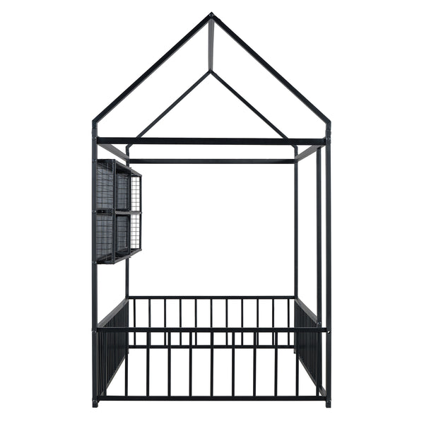 English Elm Twin House Frame Bed Powder Coated Steel with Built in Shelves for Kids Room N737P175360B