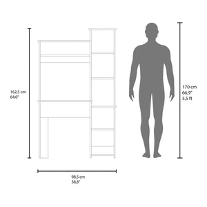 English Elm Computer Desk Kronos Blue & Natural Oak with Hutch and Side Bookshelf, 64" Modern Home Office Storage, Scratch-Resistant Shelves B128P387092