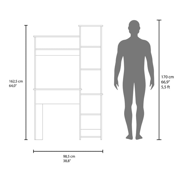 English Elm Computer Desk Kronos Blue & Natural Oak with Hutch and Side Bookshelf, 64" Modern Home Office Storage, Scratch-Resistant Shelves B128P387092