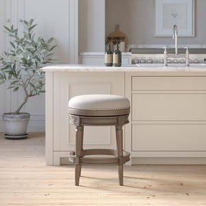 English Elm 26in. Faux Leather Swivel Barstool Nailhead Trim Carved Wood Counter Height Kitchen Gray B2751P436440