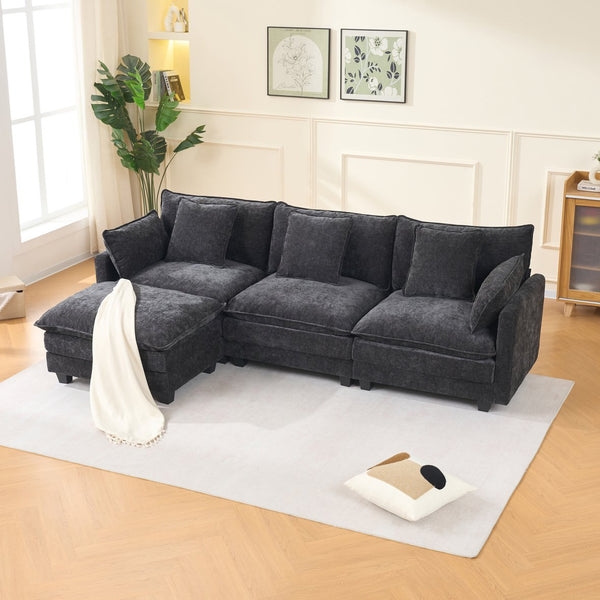 English Elm Beige Chenille Sectional Sofa with Modular Ottoman for Living Room or Studio Black W2603S00006
