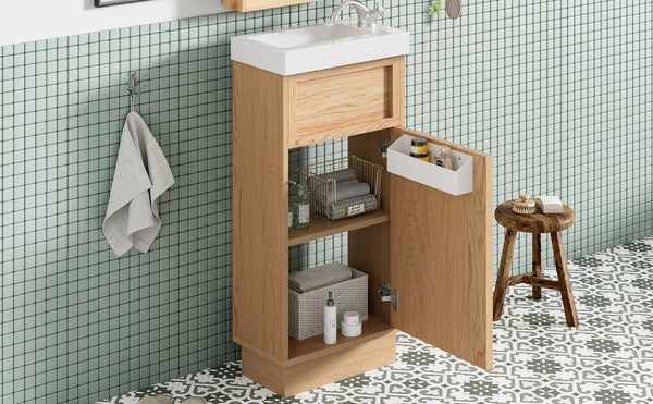 English Elm 15.75" Rustic Bathroom Vanity with Reversible Resin Sink, Soft-Close Door, Adjustable Shelf, Compact Elegance N729P285513N