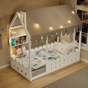 English Elm {slats Are Not Included} Twin Montessori House Floor Bed Kids Tent Lights Shelves Pinewood Frame White N708P407962K
