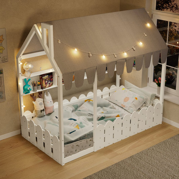 English Elm {slats Are Not Included} Twin Montessori House Floor Bed Kids Tent Lights Shelves Pinewood Frame White N708P407962K