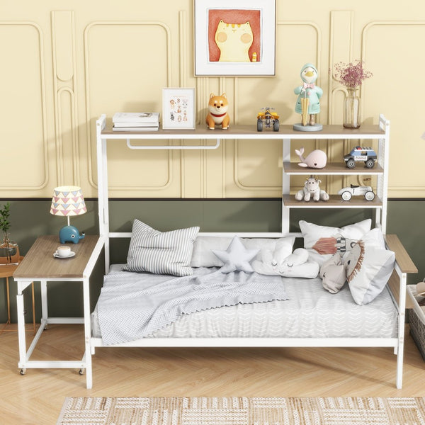 English Elm Twin Metal Daybed With Movable Desk, Shelves & Clothes Hanger - Ideal For Small Spaces & Dorms! N737P199195K-GIGA