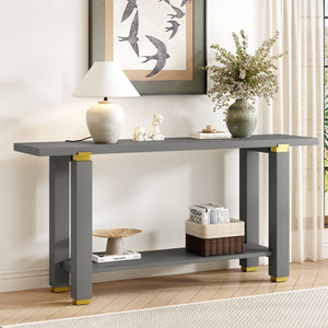 English Elm U_Style 62.9" Modern Minimalist Console Table - Solid Wood Entryway Table With Metal Accents & Shelf N711P289140E-GIGA