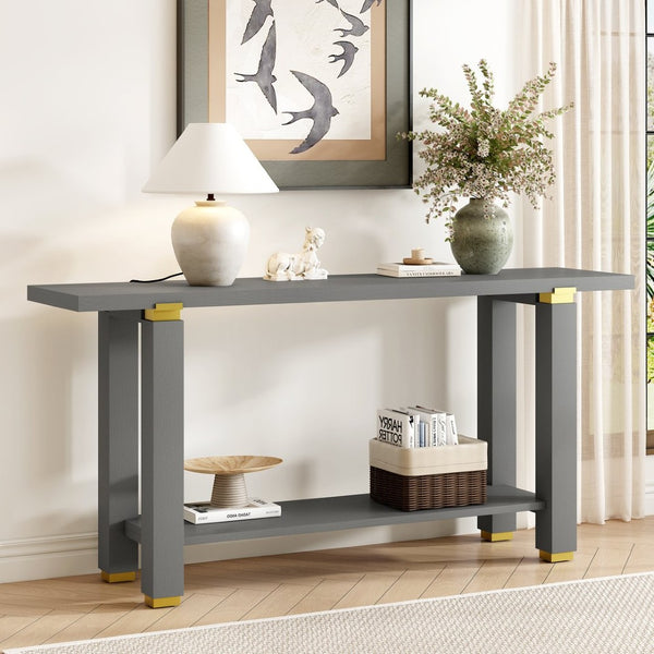 English Elm U_Style 62.9" Modern Minimalist Console Table - Solid Wood Entryway Table With Metal Accents & Shelf N711P289140E-GIGA