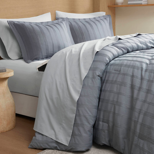 English Elm 7-piece King Woven Stripe Bedding Set Soft Polyester Comforter Shams Sheets Included Grey B035P463198