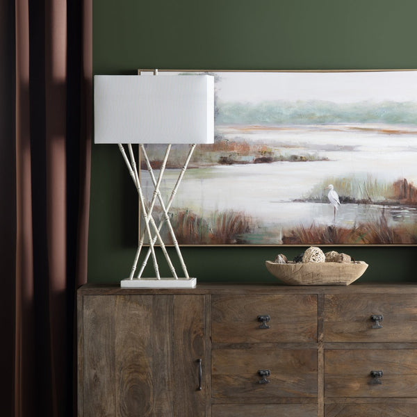 Crestview Collection 36.25"H Elegant Metal Bamboo Shoots Table Lamp - Marble Base, Linen Shade & 3-way Lighting Option   Cvazer186