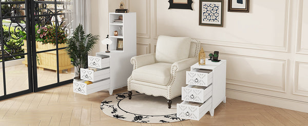 English Elm End Table With 3 Drawers And 2 Open Shelves - Stylish Corner Side Table With Charging Ports In White W2593P289147