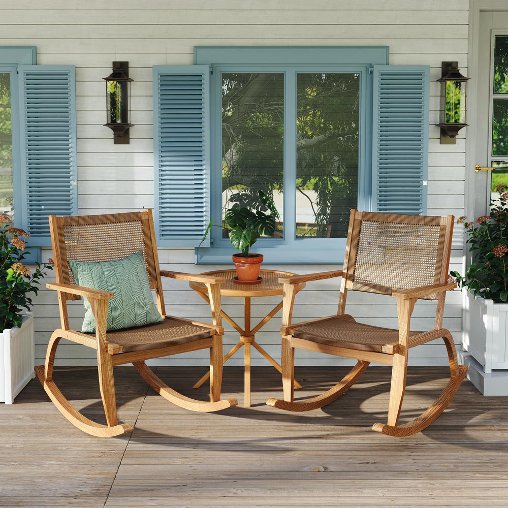 English Elm Go Acacia Wood Outdoor Rocking Chair Set Two Pe Wicker Seats for Patio Porch Natural N704P245214A